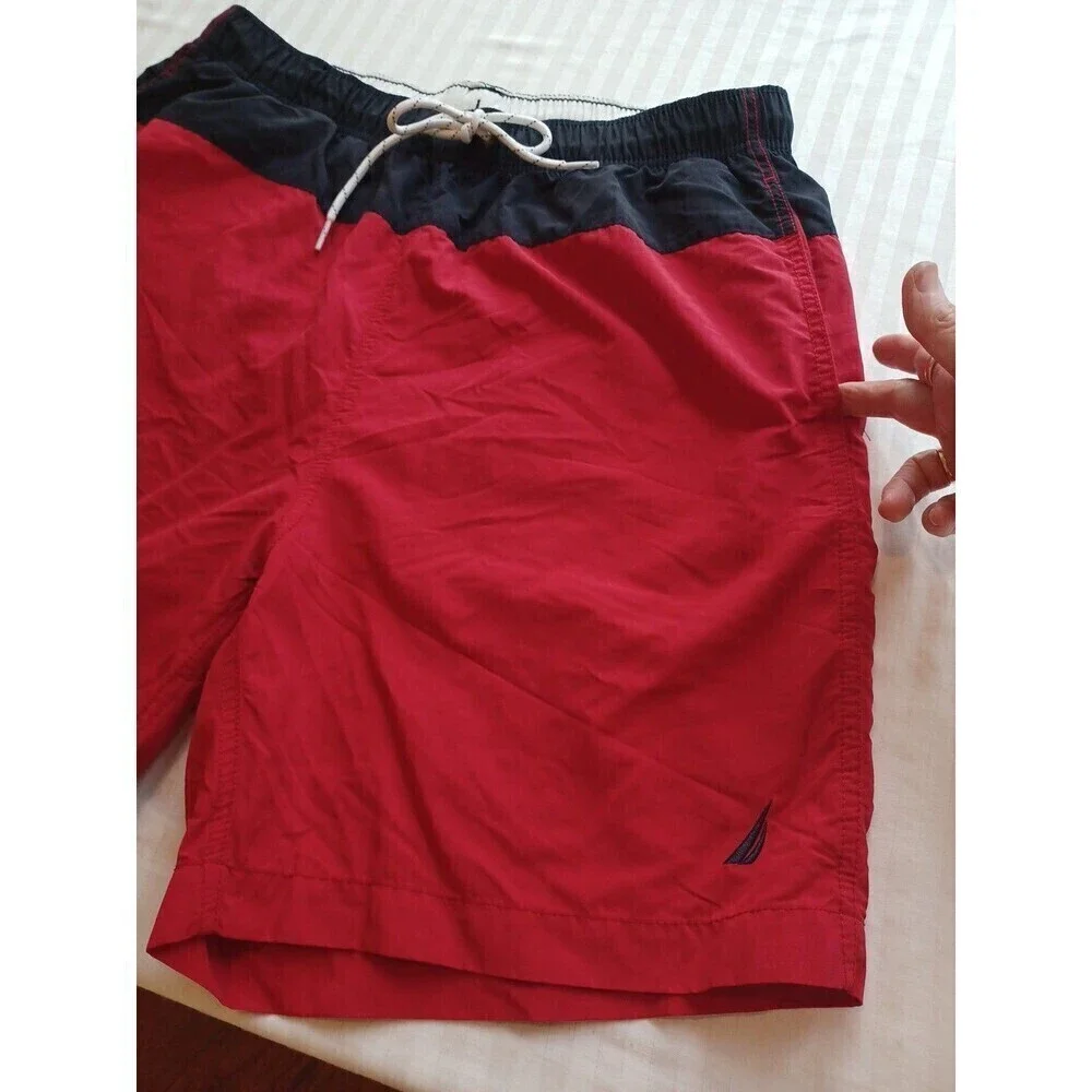 Nautica swim trunks shorts mens M red navy spellout mesh briefs pockets beach